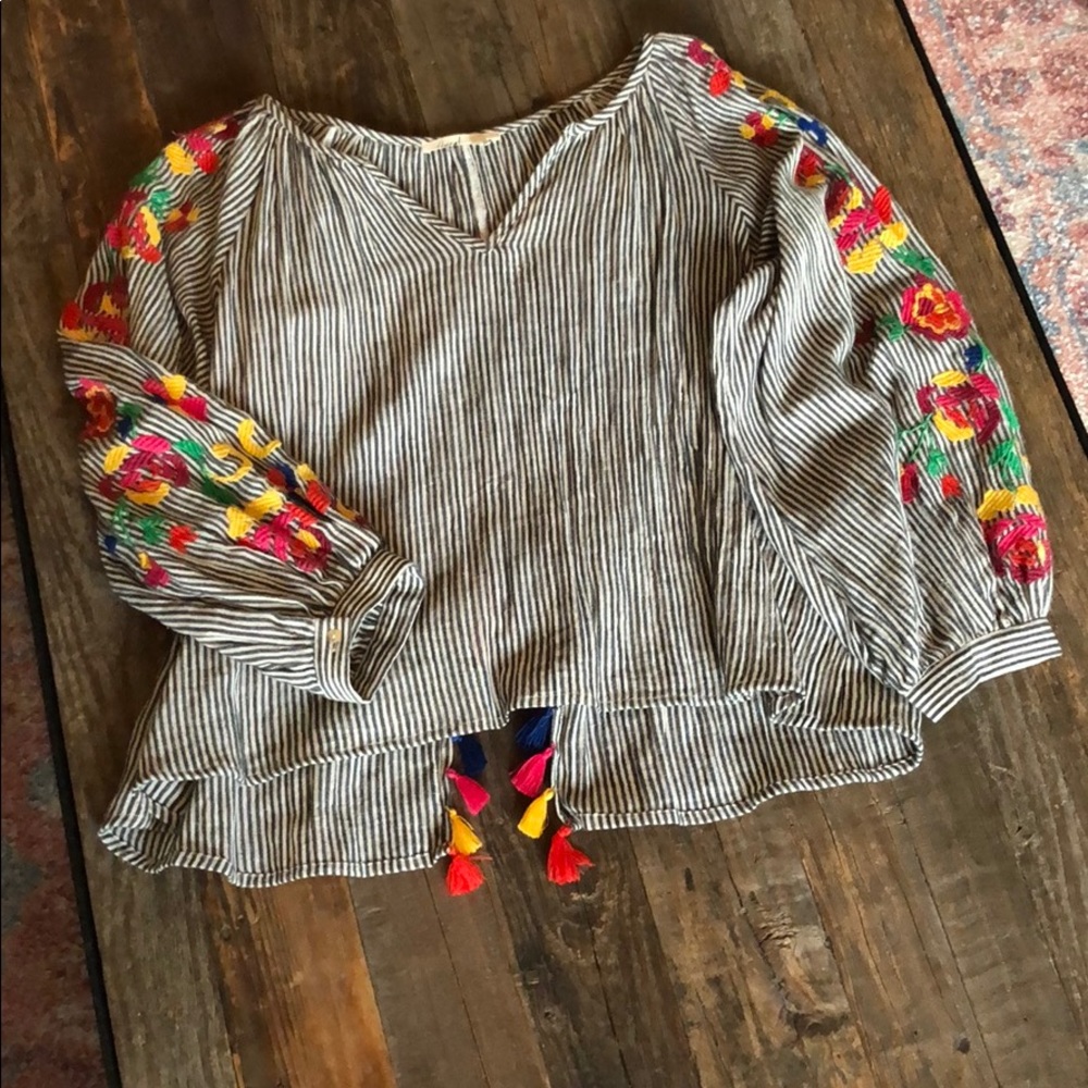 Anthropologie Embroidered Fringe Swing Back V-Neck